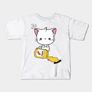 Cute White Angora Cat Spilled a jar of mustard sauce Kids T-Shirt